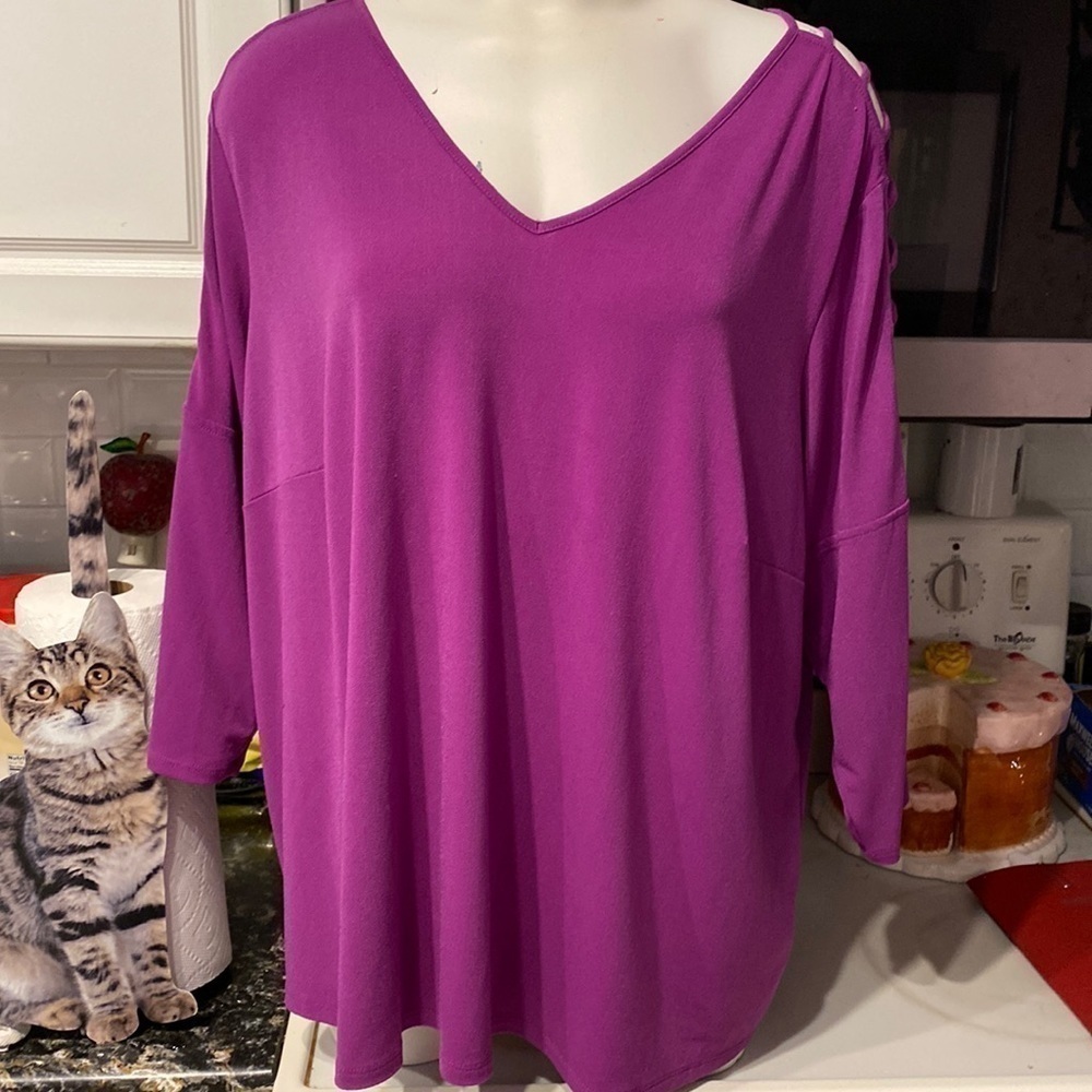 e womens Adrianna Papell solid purple 3/4 sleeve stretch plus size top 3X